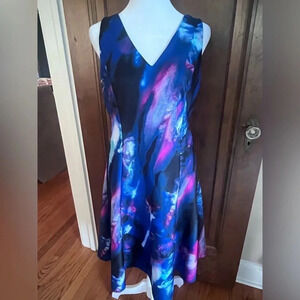Donna Karan Black, Blue, and Pink Abstract Sleeveless V Neck Dress‎ Women…